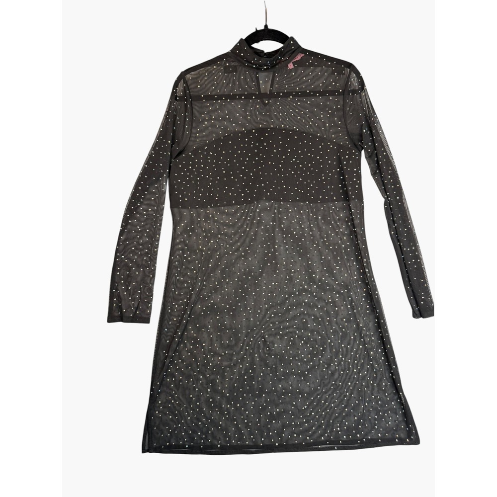 Eva Franco Black Mesh Rhinestone Mock Neck Long Sleeve Mini Dress Small